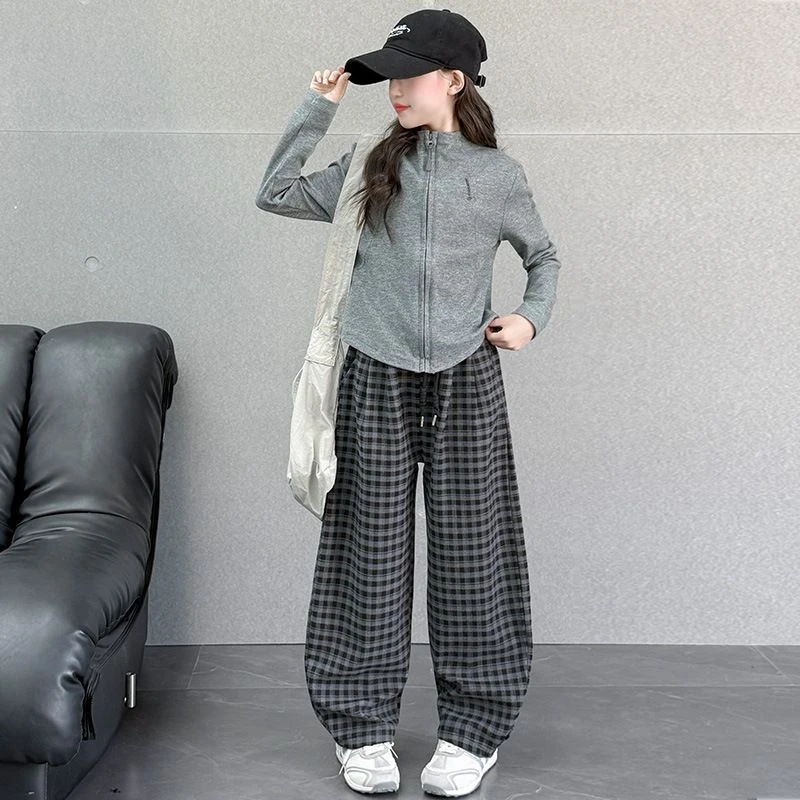 2025新款女童纯色加厚韩版秋装显瘦外套+裤子洋气格子时髦两件套