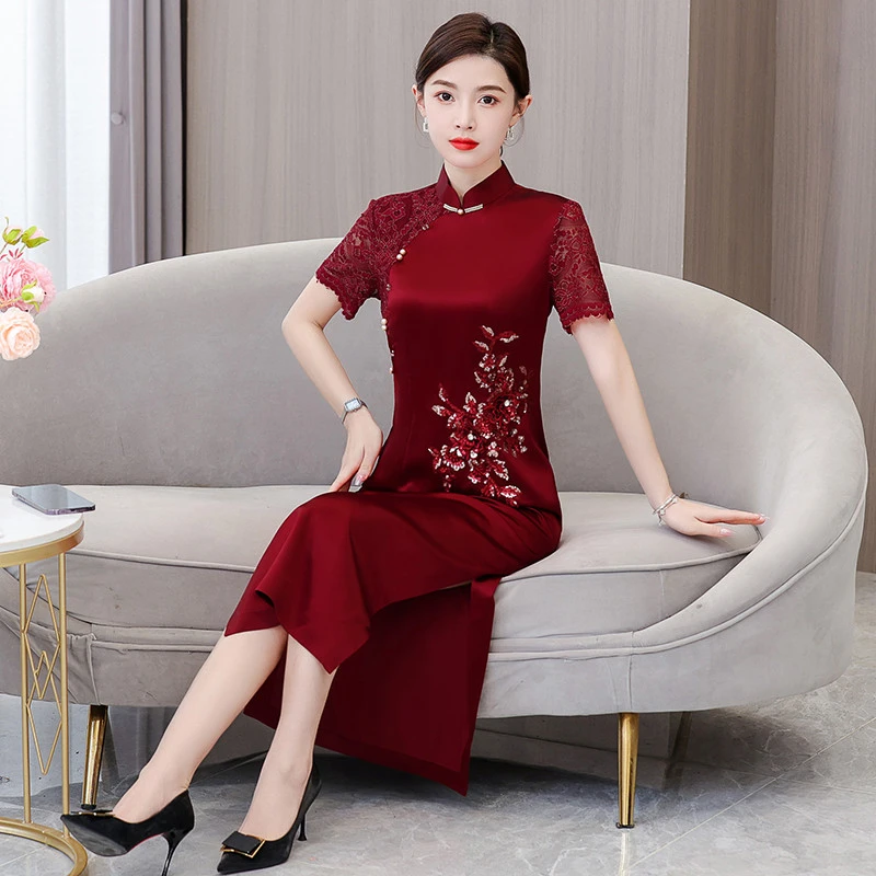 喜婆婆婚宴旗袍连衣裙新款夏款气质年轻妈妈结婚礼服