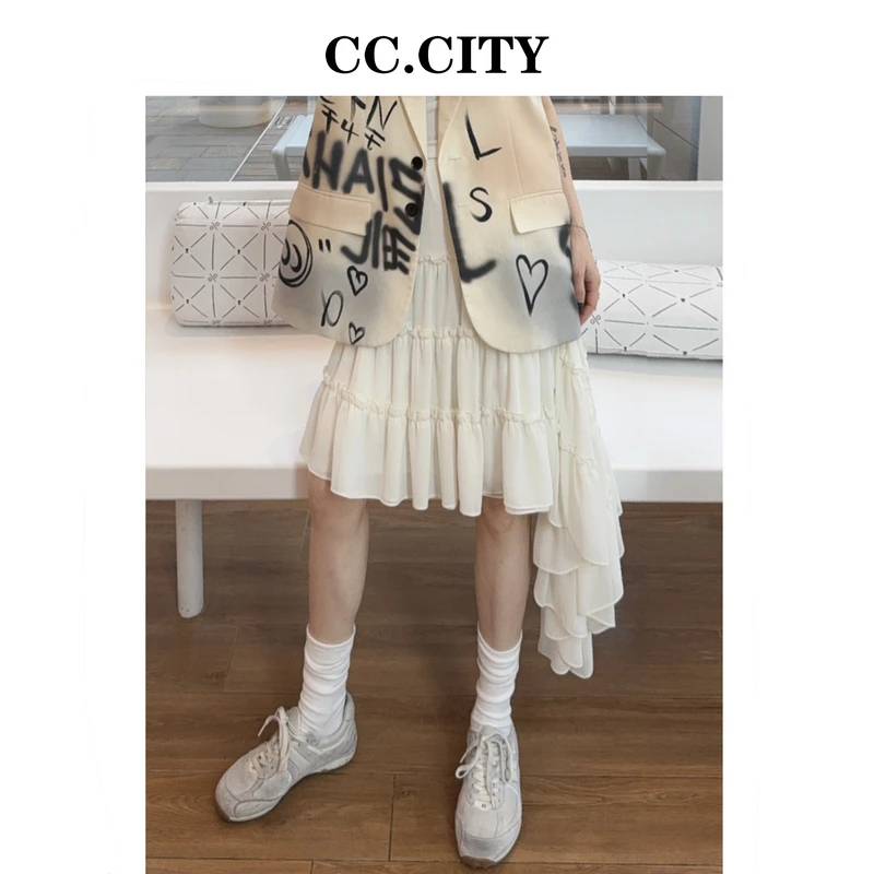 【蔡丽丽 & 添羽】时尚洋气个性百搭不规则雪纺蛋糕裙6x231