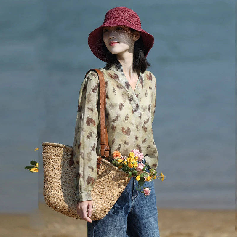 澳希美浪漫印花苎麻衬衫女高端轻奢麻料透气花色设计感小众衬衣