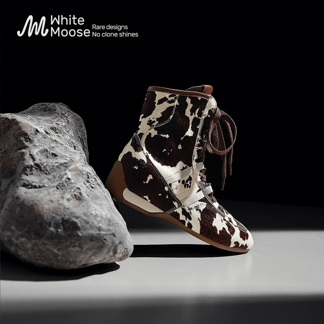White Moose/白驼鹿马丁靴女秋2025新款真皮靴子内增高豹纹马毛鞋