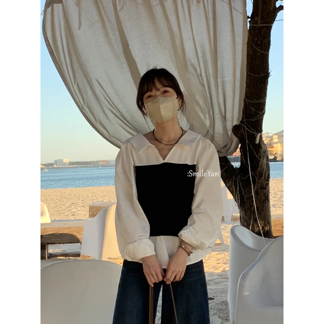 【SmileYan】（慢调米兰）韩系松弛慵懒假两件拼接修身显瘦衬衫