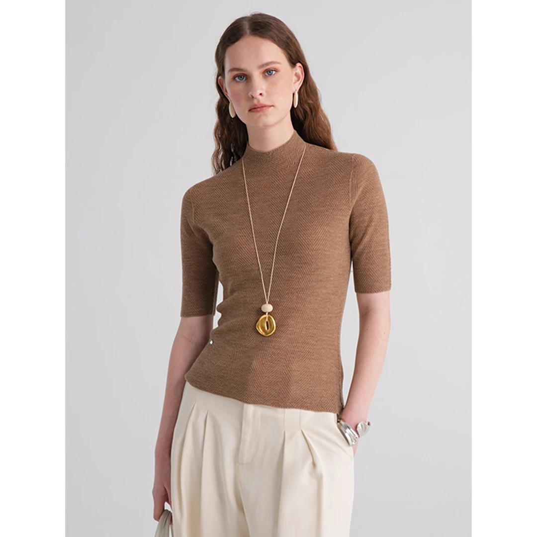 CKOUCCOO/扣蔻｜精纺48支｜鱼骨纹半高领纯羊毛针织衫女中袖打底衫