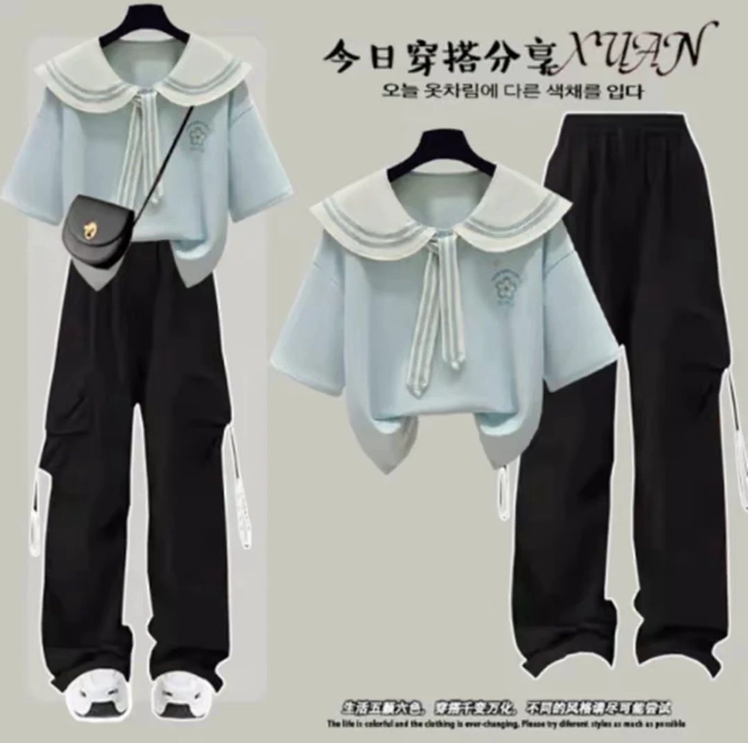 女童夏季套装8-18岁中大童少女海军领学院风工装阔腿裤两件套潮