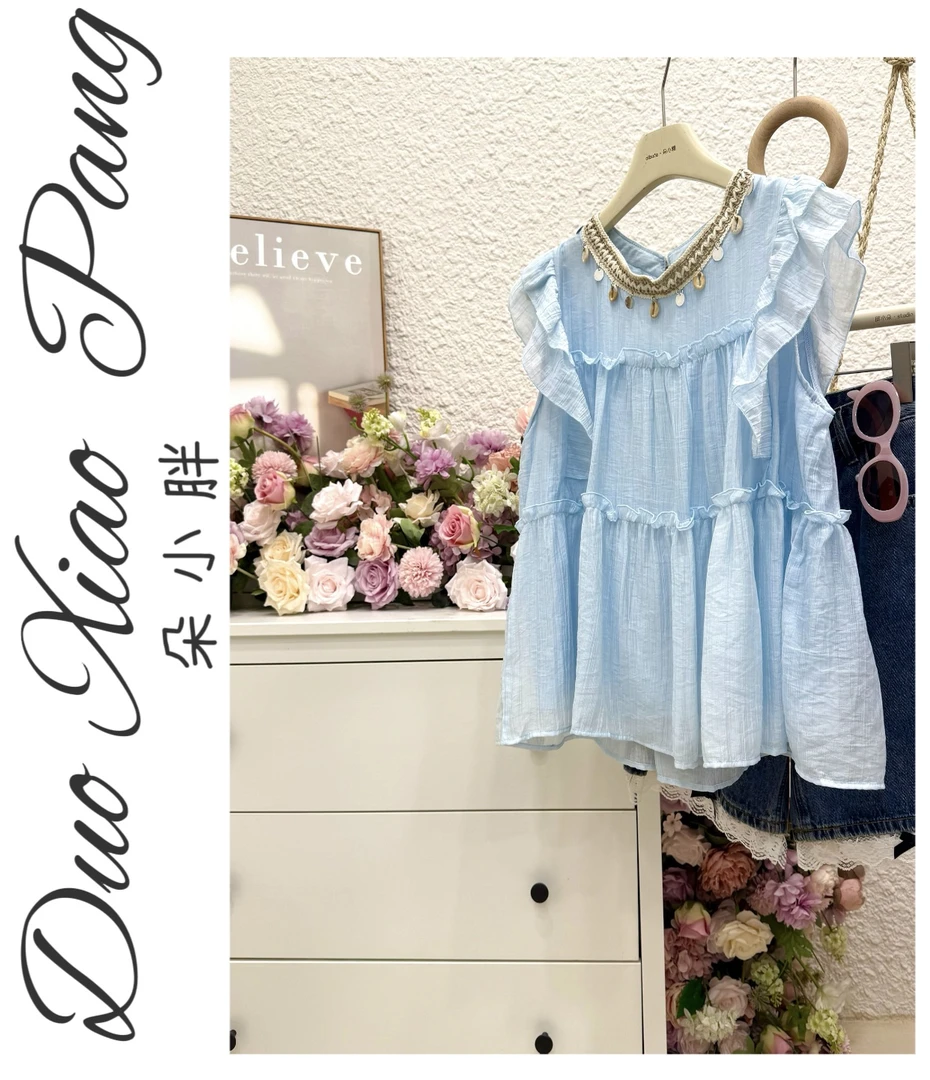 990421大码飞飞袖娃娃衫女上衣夏季短袖衬衫宽松遮肚子洋气小衫