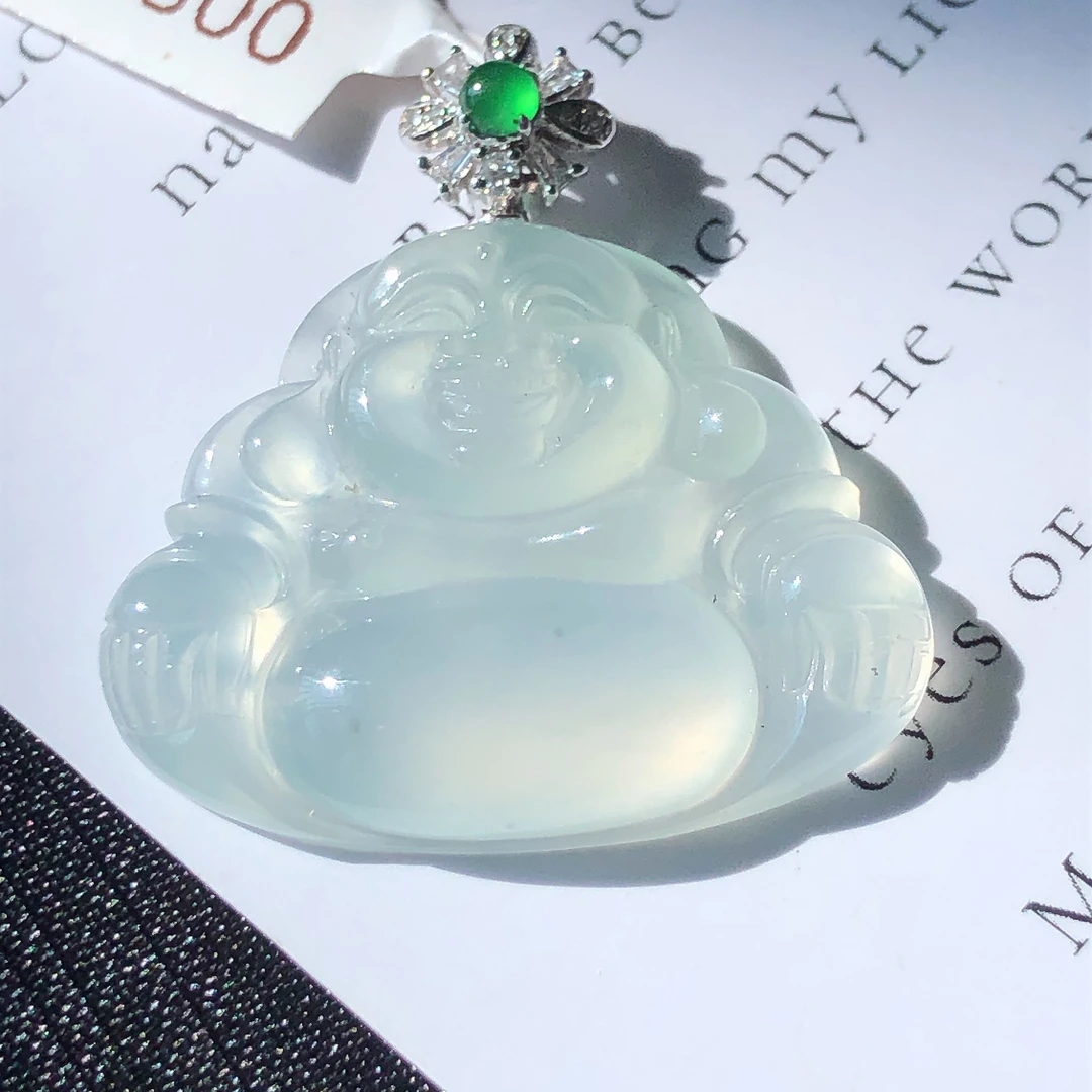 缅甸天然A货翡翠18k金镶嵌老坑冰种佛公吊坠尺寸30.1/28.5/5.5