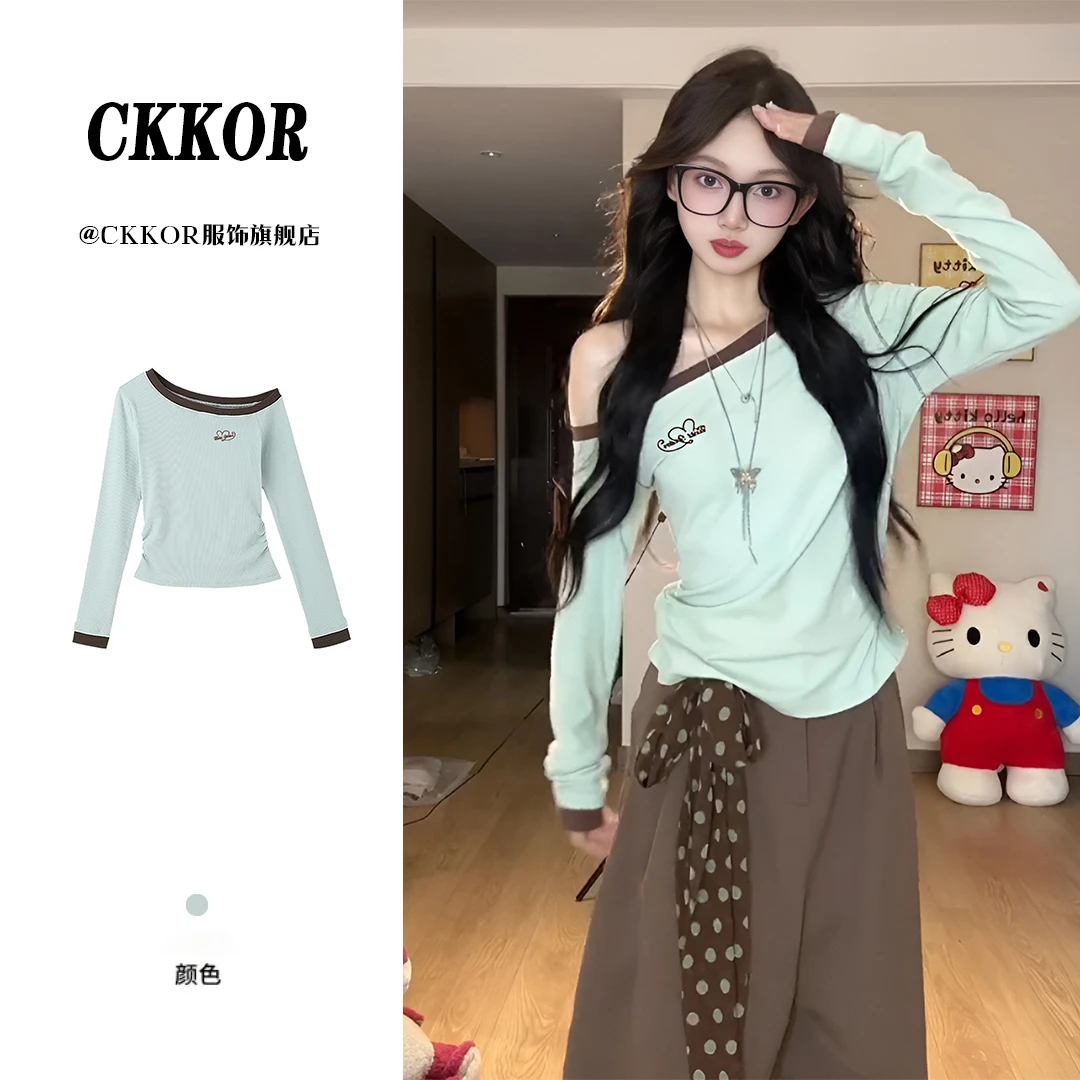 CKKOR刺绣款美式慵懒风斜领长袖t恤女秋季新款宽松露肩百搭上衣潮