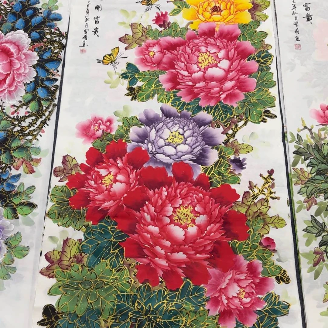 国画140×70千层金线牡丹