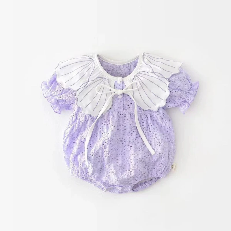 夏季女宝宝紫色贝壳领薄款短袖镂空透气包屁衣婴儿连体