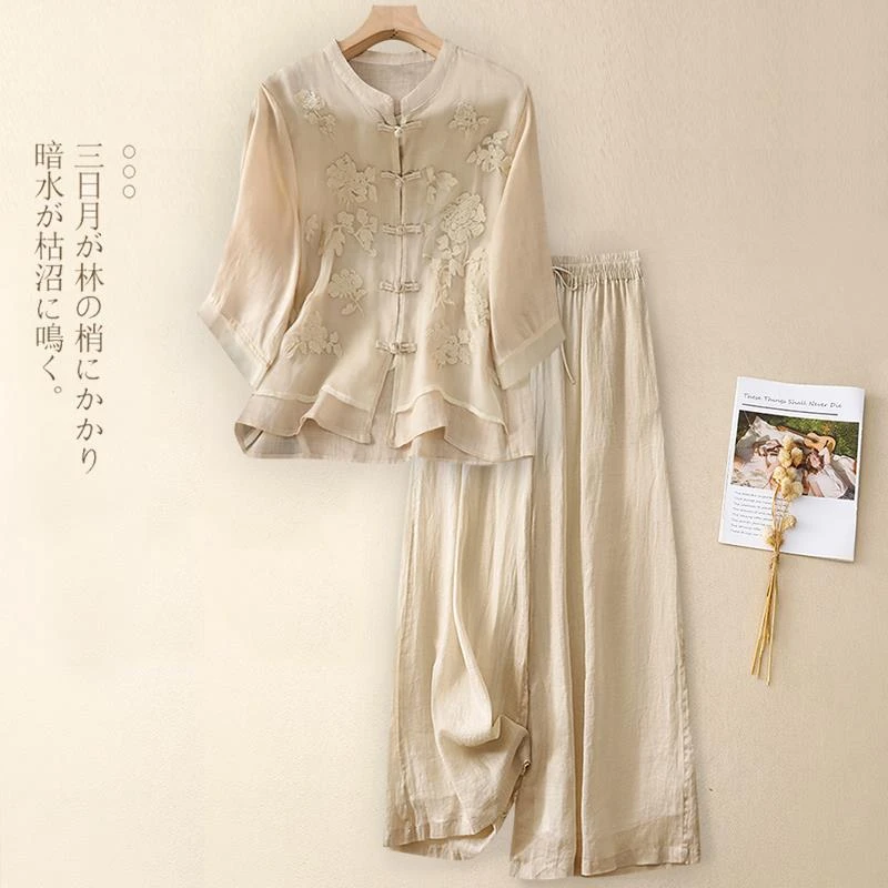 新中式国风套装女士夏季装中年妈妈棉麻七分袖上衣高端亚麻两件套
