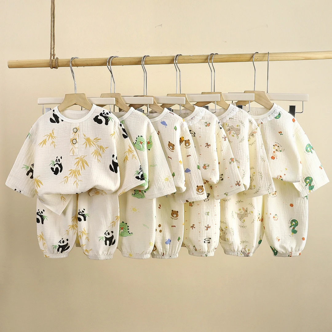 儿童睡衣薄款双层棉纱夏季圆领男童空调服蕾丝花边女童家居服套D