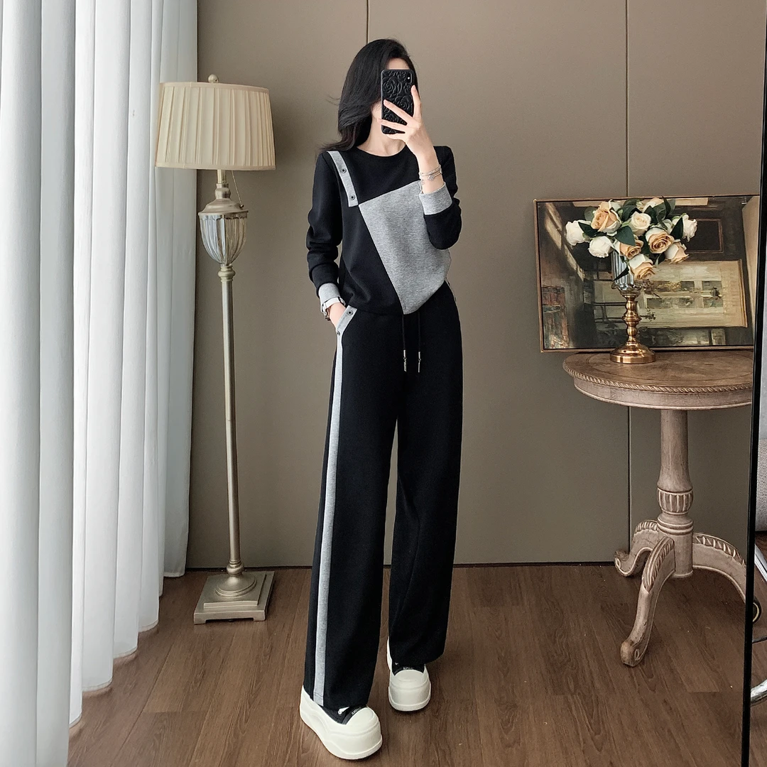 入秋穿搭一整套女装显瘦减龄洋气运动休闲拼色卫衣阔腿裤两件套