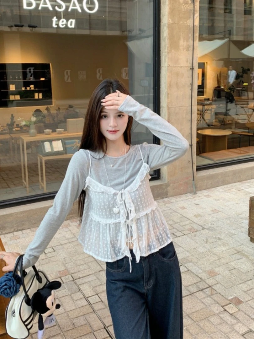 网红小个子叠穿套装女春季2025新款长袖圆领T恤蕾丝吊带两件套ins