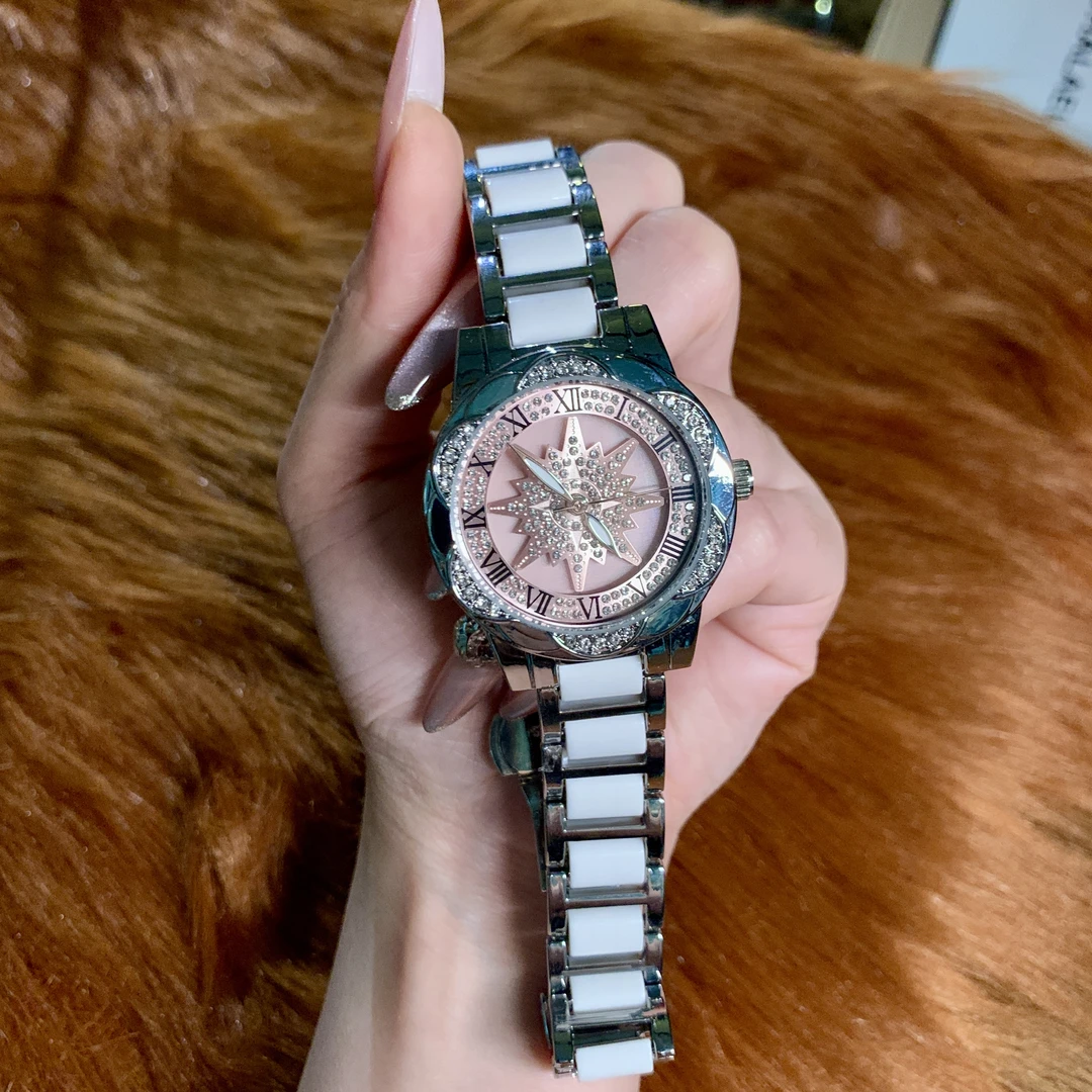 【旋转太阳花粉】正品高端镶钻时尚轻奢陶瓷粉防水女士腕表ck8123