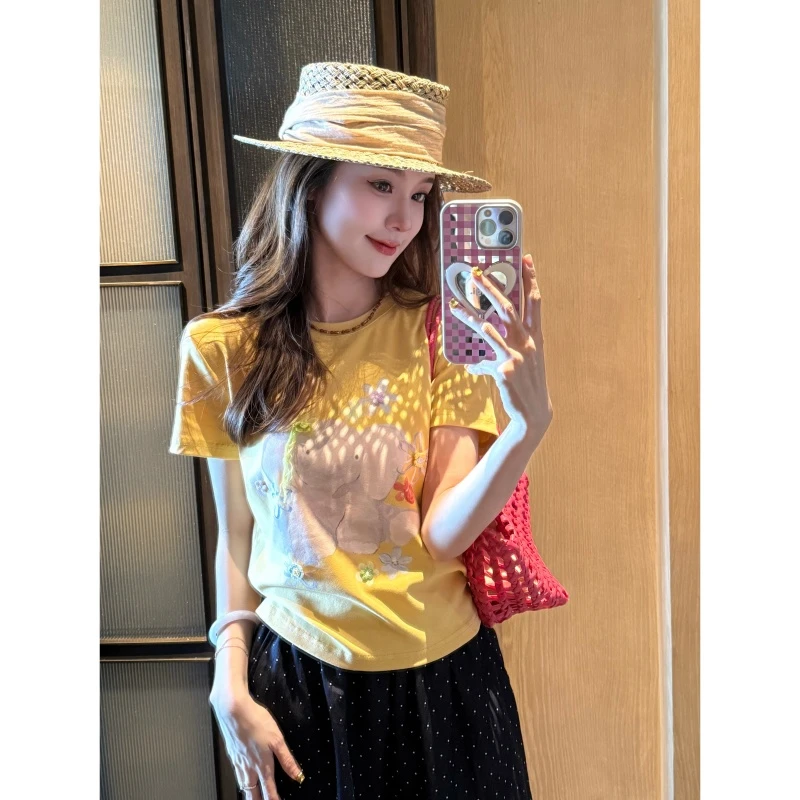 【花花象】夏季时尚百搭可爱小象立体绣花短袖-DX2025512