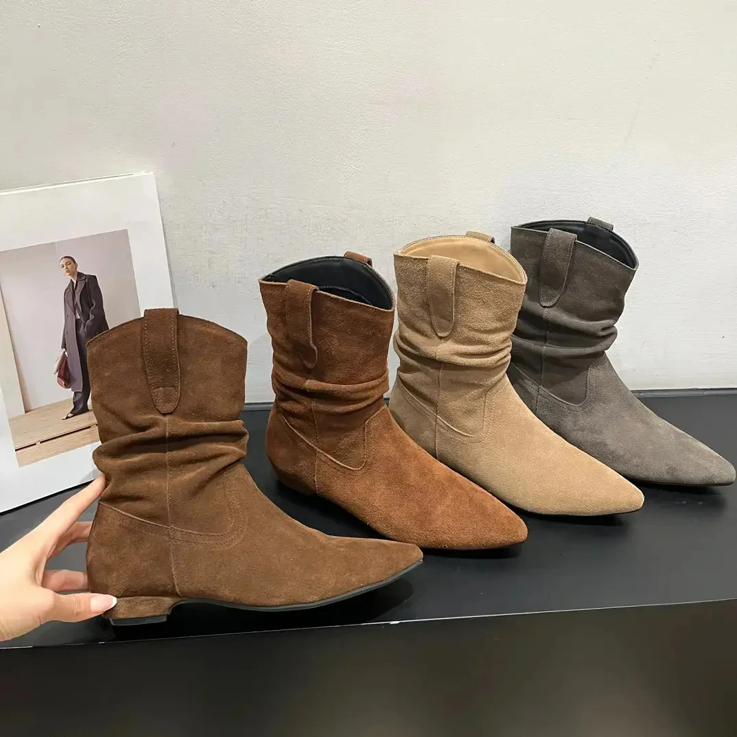 2025秋冬新款软皮百搭极简堆堆靴韩版气质尖头短靴磨砂女靴