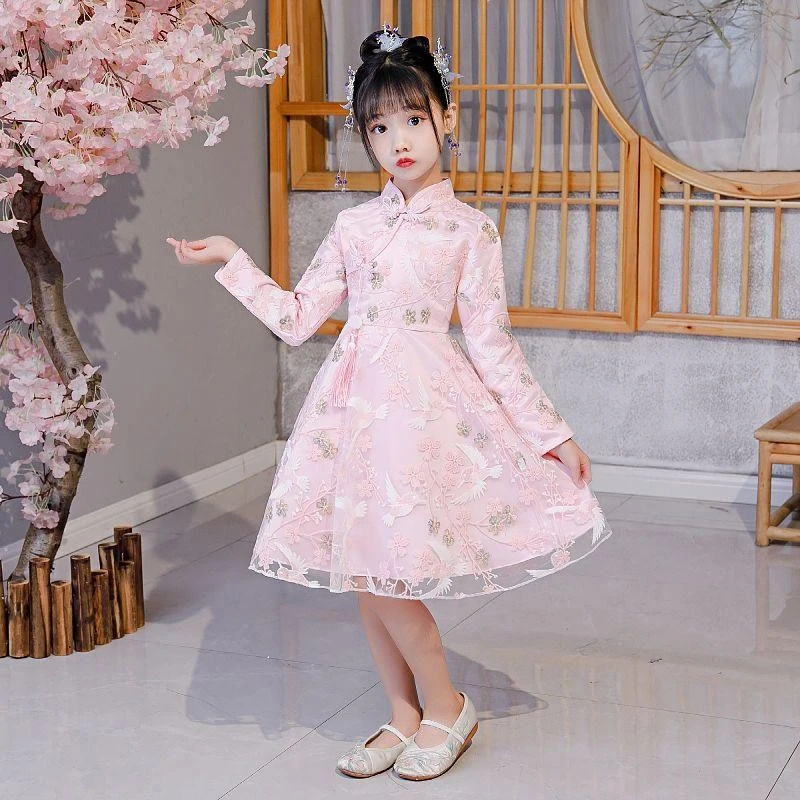 儿童旗袍秋季中国风走秀演出女童唐装小女孩洋气弹古筝连衣裙