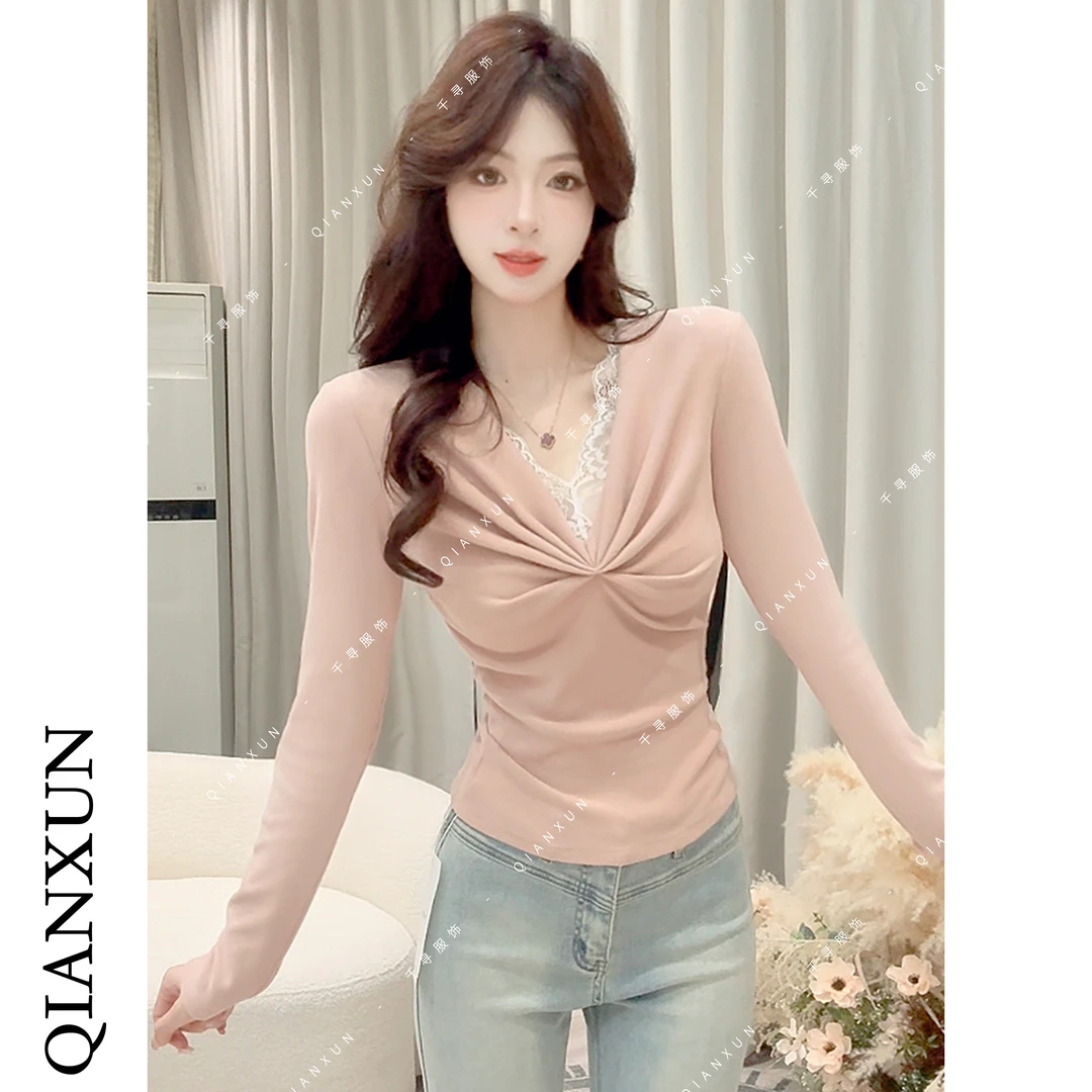 千寻家 磨毛加厚V领t恤假两件蕾丝花边打底衫女秋冬洋气上衣620