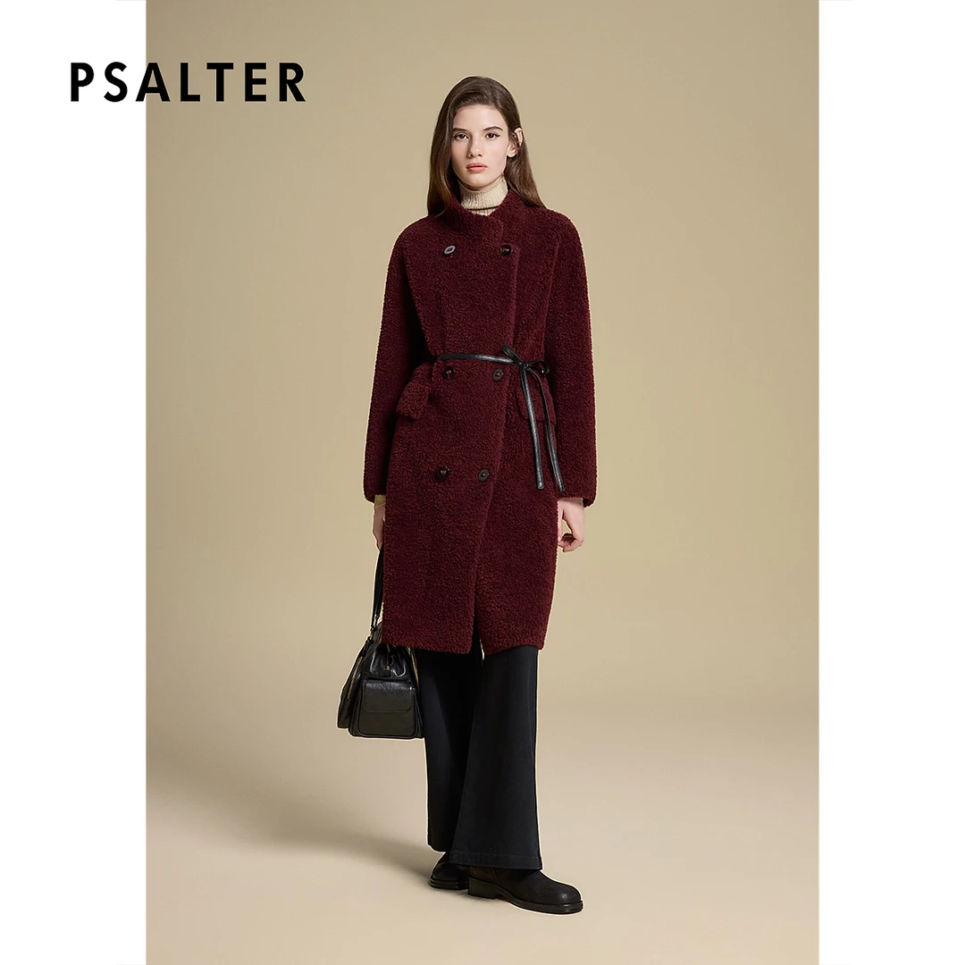 诗篇专选复古收腰系带颗粒绒长款立领羊毛大衣外套2025秋季新款
