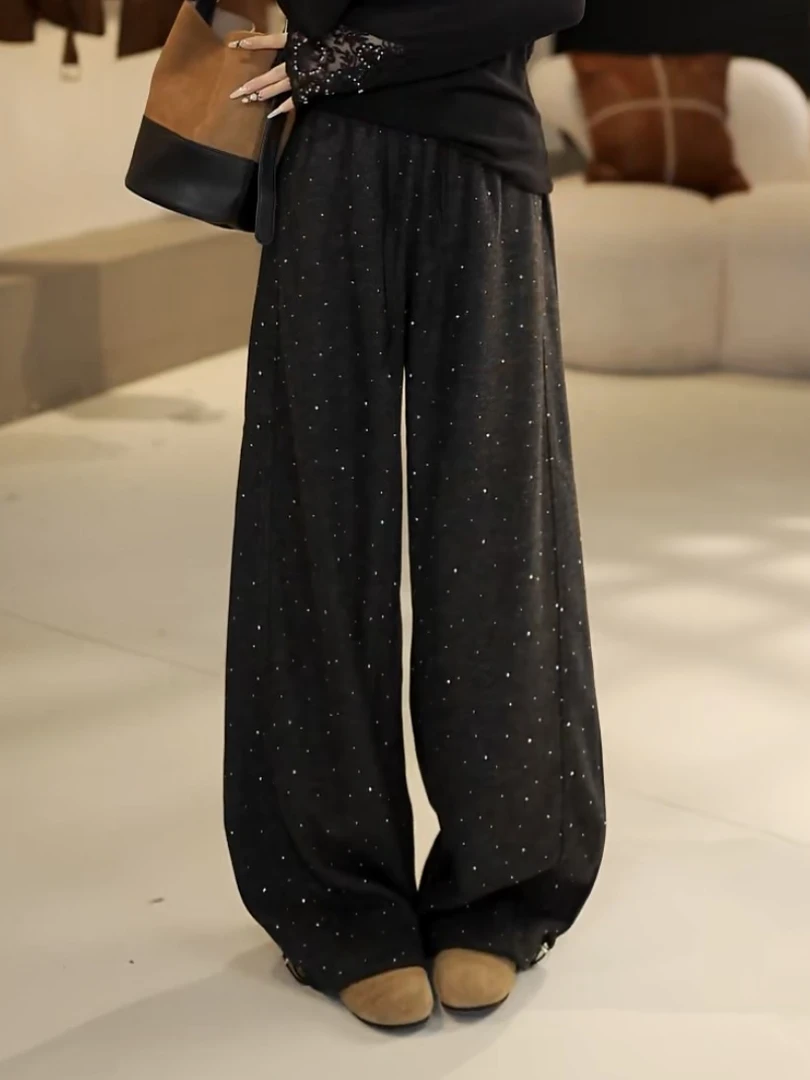 2025直筒裤松紧腰阔腿裤烫钻休闲裤休闲女装时尚设计师