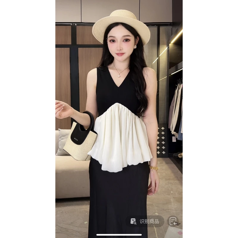 606法式拼接V领撞色花苞无袖气质上衣