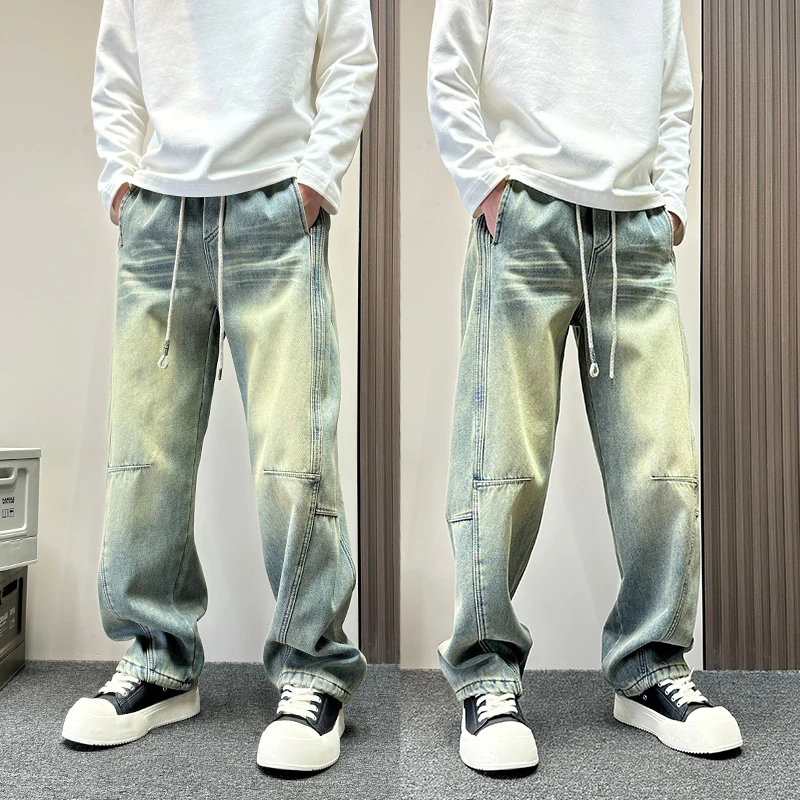 美式复古黄泥扎染猫须纹牛仔裤男2025秋冬新款加绒宽松直筒弯刀裤