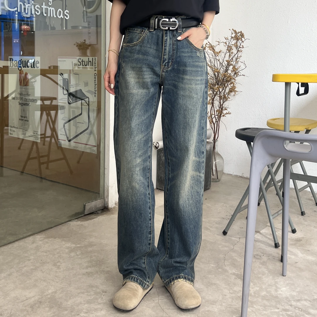 【KUAAO】美式休闲秋冬水洗撞色复古长裤宽松直筒牛仔裤无弹力-089