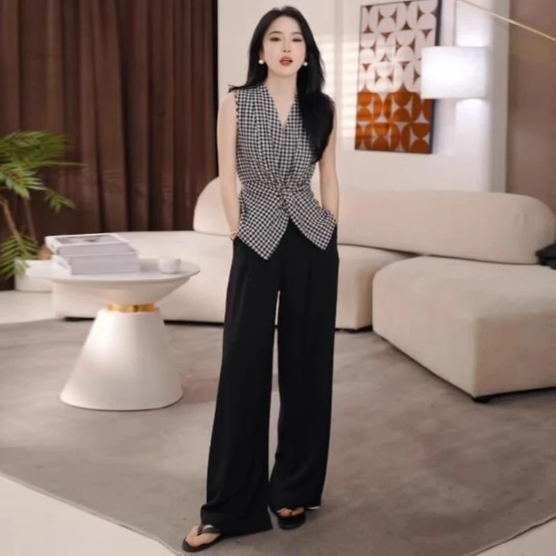 时尚套装女2025夏季洋气收腰显瘦格子无袖上衣阔腿裤气质两件套潮