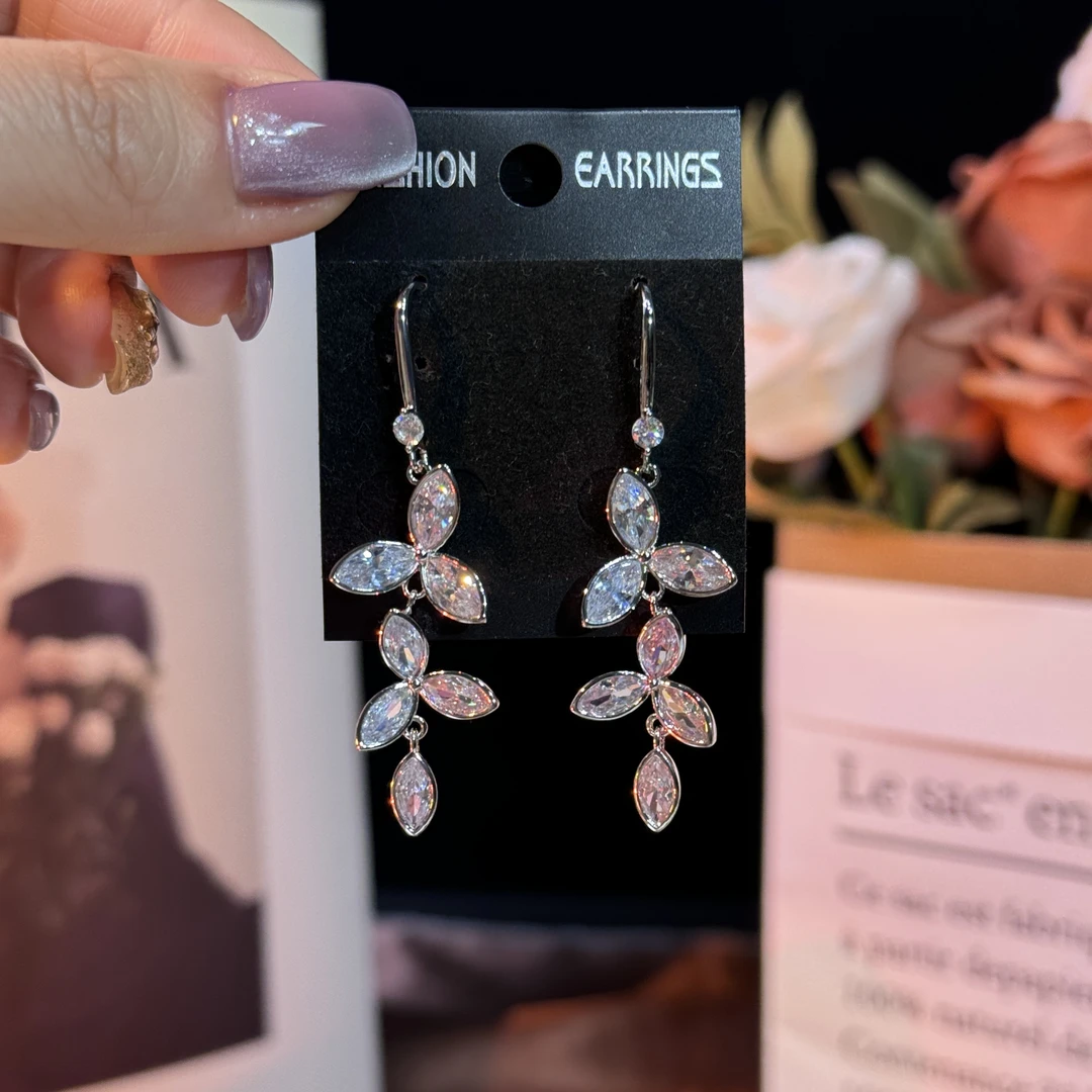 铜合金耳饰 安夏】超闪锆石花朵树叶长款耳钩气质轻奢时尚仙女耳环