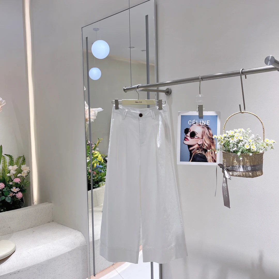 （薄）艾然高腰百搭翻边直筒九分裤纯色气质6581白色夏季时尚休闲