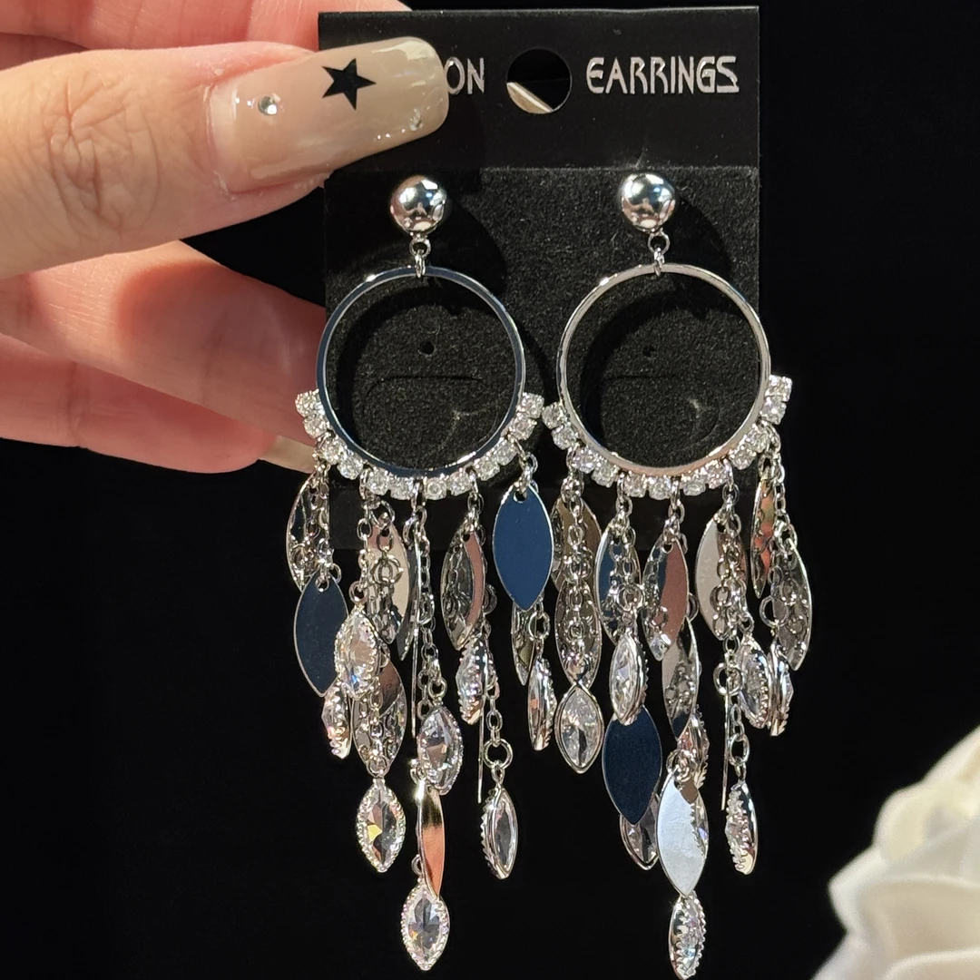 铜合金锆石耳饰 璟瑜】小众高级感大气金属亮片长款耳坠轻奢耳钉女