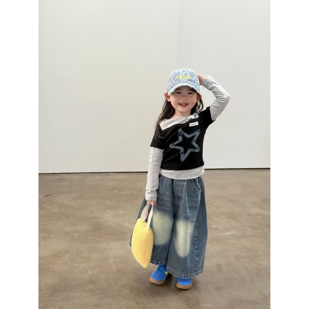 小粉象 ·女童2025秋季新款韩版时尚拼接长袖T洋气牛仔九分裤套装