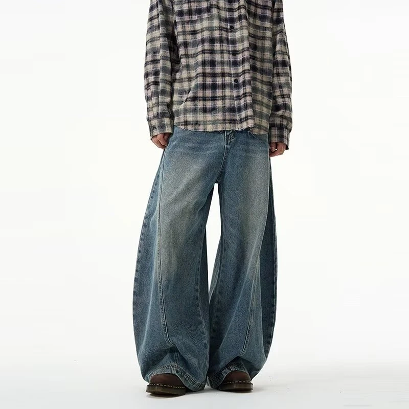 Lisern2024新款弯刀设计香蕉镰刀裤美式复古拼接解构牛仔裤男女阔