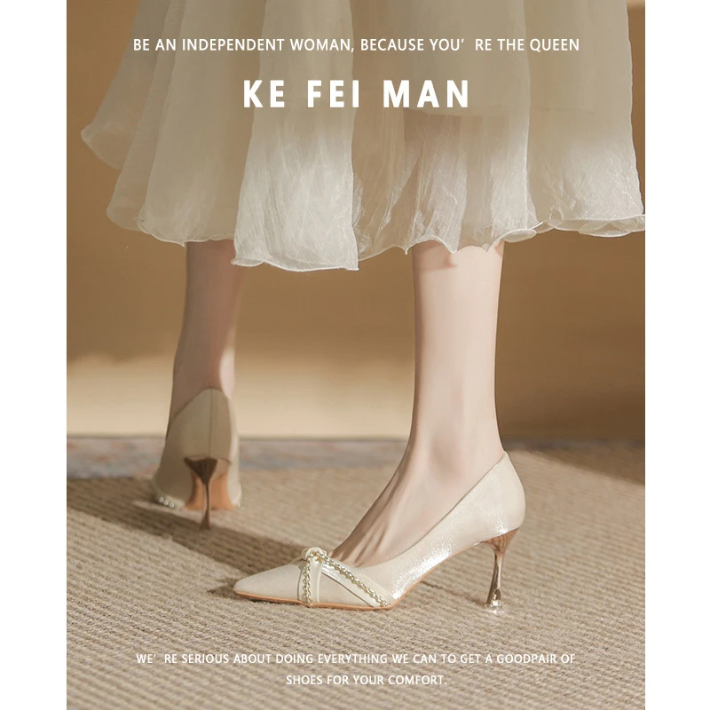 【不踩雷】链条高跟鞋女2025新款春秋法式缎面细跟尖头单鞋子公主