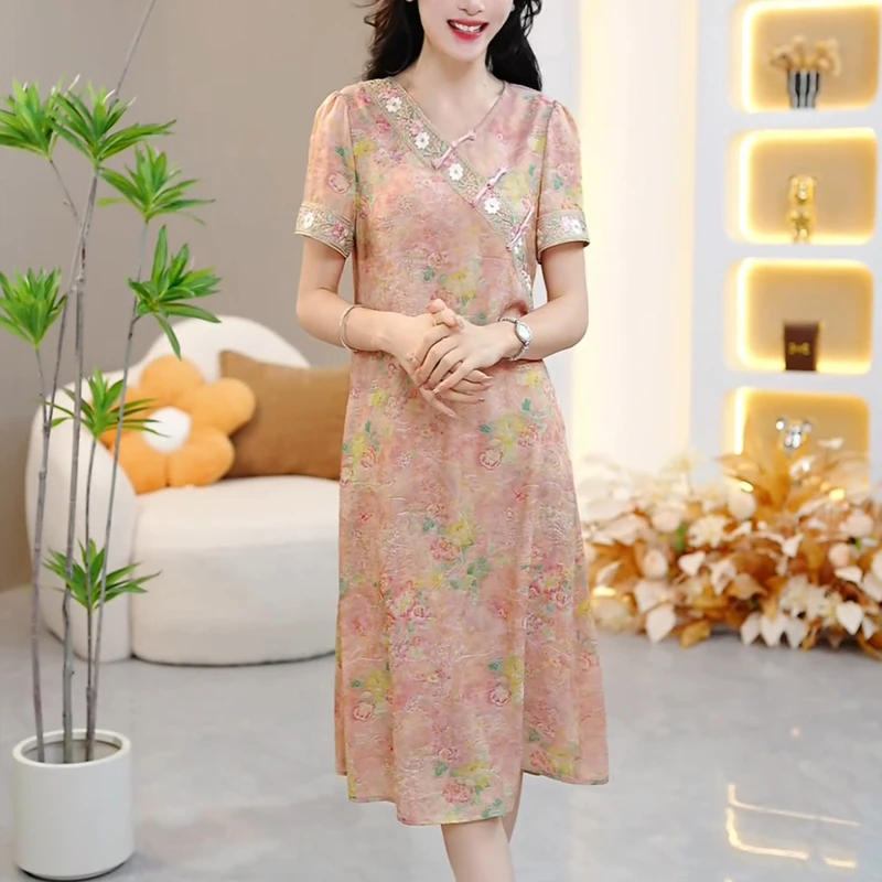 中式复古印花连衣裙女2025新款夏季微胖身材遮肚藏肉国潮风薄裙子