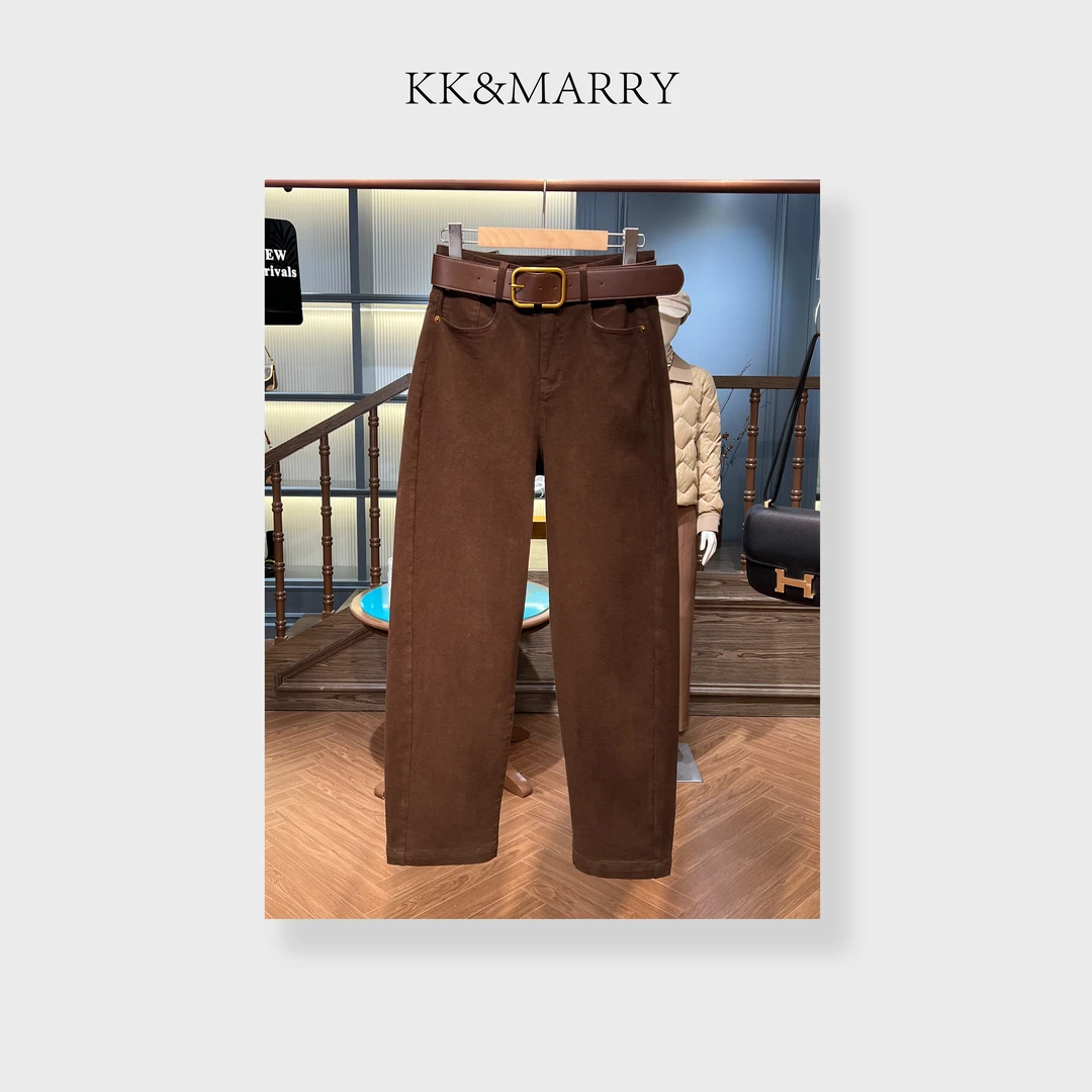 （摩卡）KK&MERRY时尚复古百搭显瘦加厚加绒直筒牛仔裤CLBC0567女士