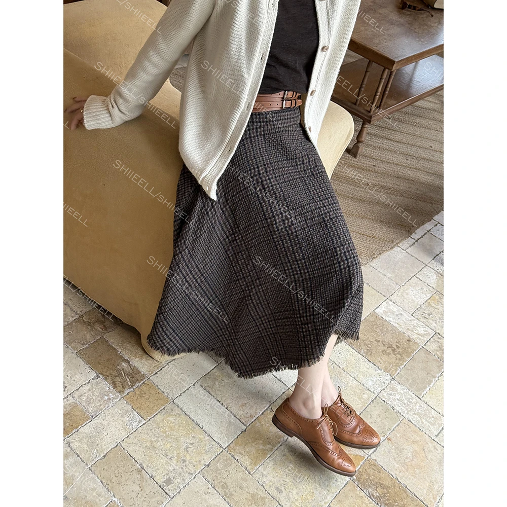 SHIIEELL【秋日咖啡格】重磅斜裁精纺羊毛混纺对格半身长裙Z2100