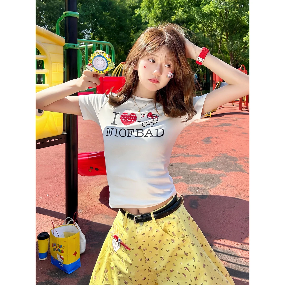 纯棉美式复古正肩短袖印花T恤2025夏季新款修身显瘦辣妹短款上衣