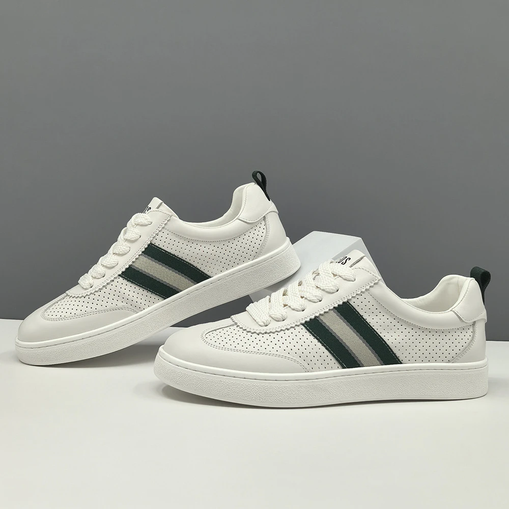 男鞋新款透气舒适真皮百搭休闲鞋时尚潮流低帮系带轻便软底小白鞋