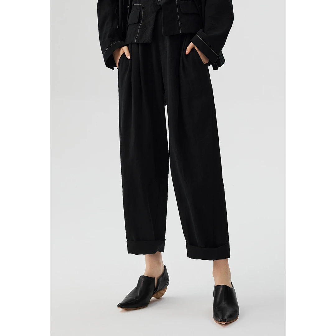 EIN/言【商场同款款】新古典结构复古倒褶休闲棉麻长裤子25早春款