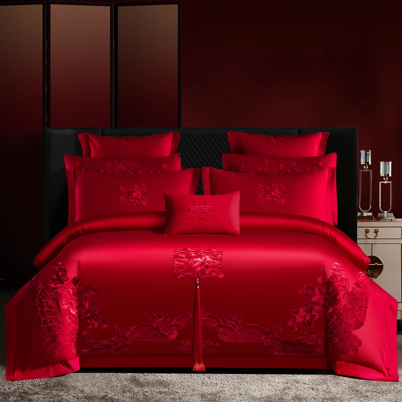 【恋曲牡丹】纯棉婚庆家纺床上用品刺绣中式喜庆红色婚被大红色