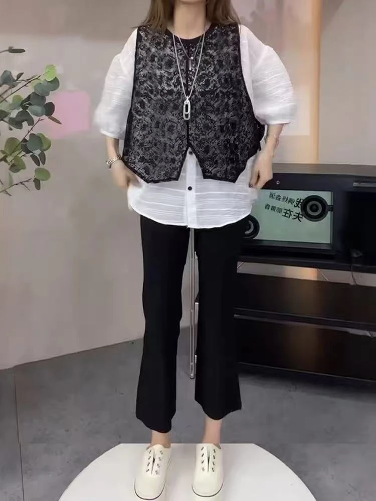 胖丫专属-25055夏季高腰弹力显瘦微喇叭纸皮裤女九分休闲裤