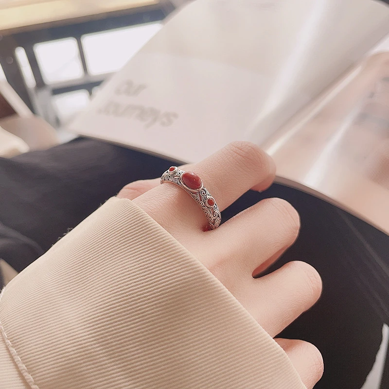 925银戒指 复古做旧祥云纹戒指女手工开口戒古法文艺气质花纹戒指