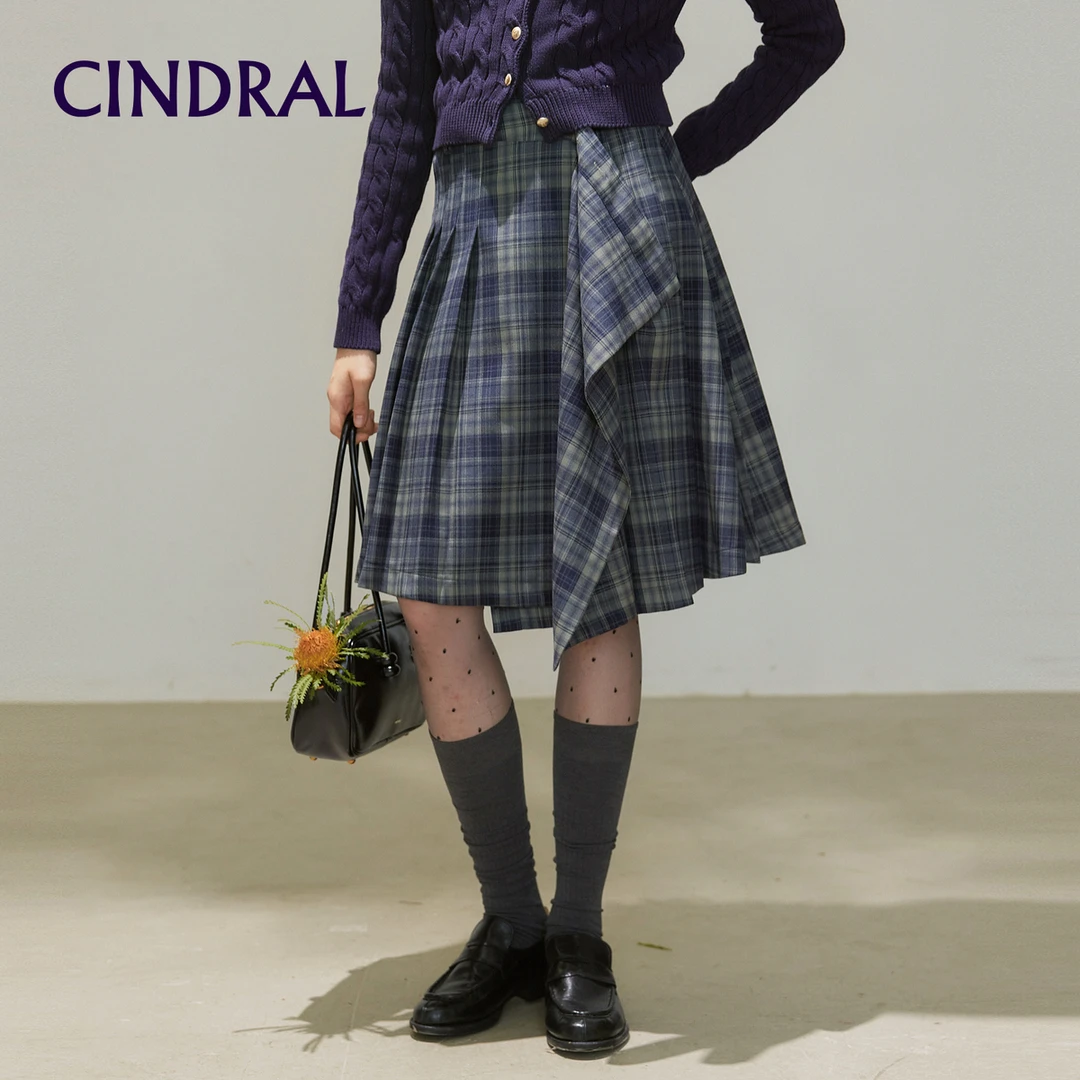 【熙地】百褶裙小个子秋季不规则格裙高腰格子半裙 C15QH0450N