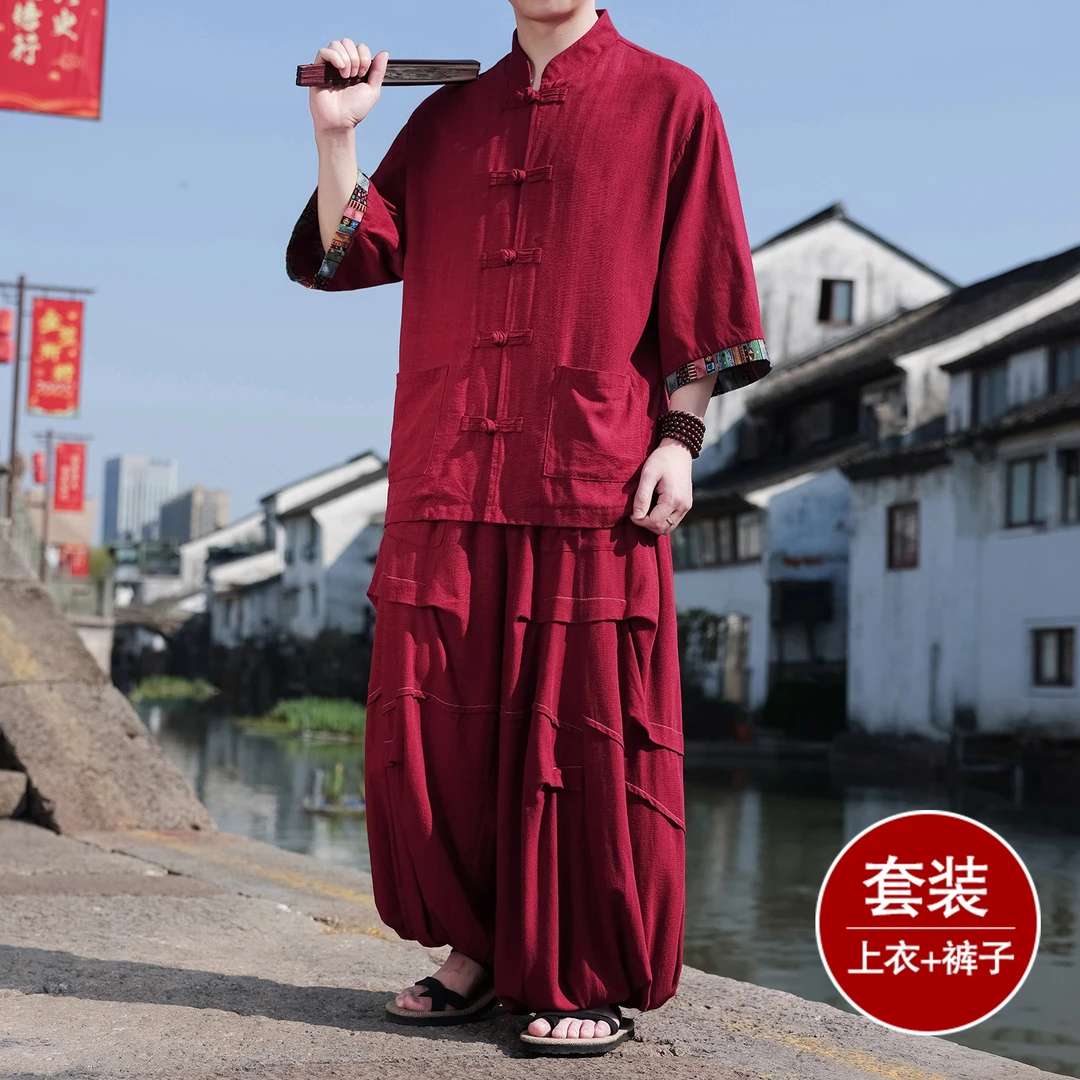夏季中国风藏式印花居士服套装男立领盘扣亚麻唐装宽松阔腿灯笼裤