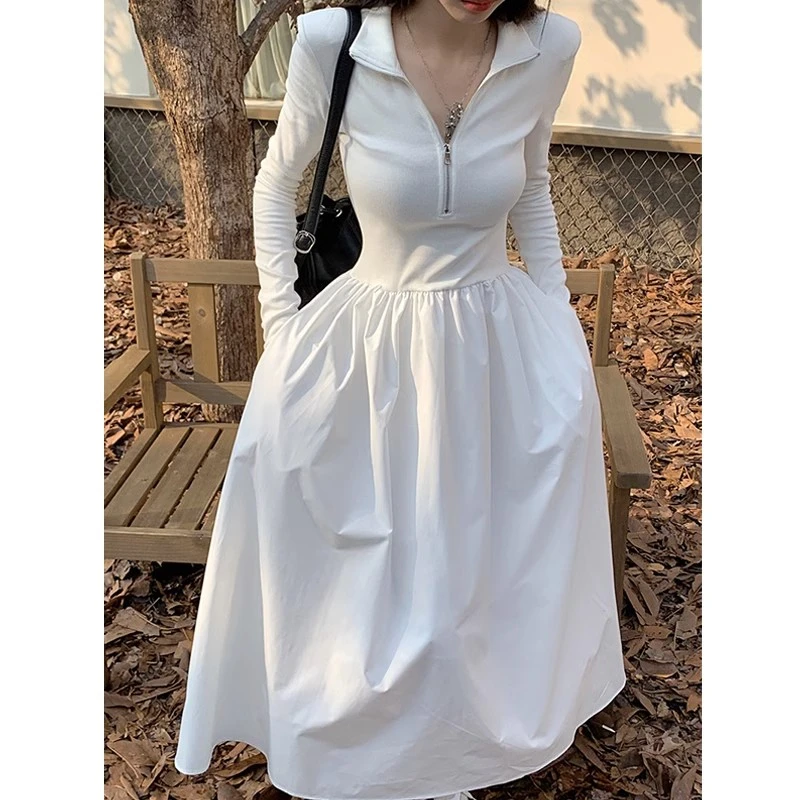 白色春秋打底连衣裙女2025新款高级感长裙套装赫本风百搭修身内搭