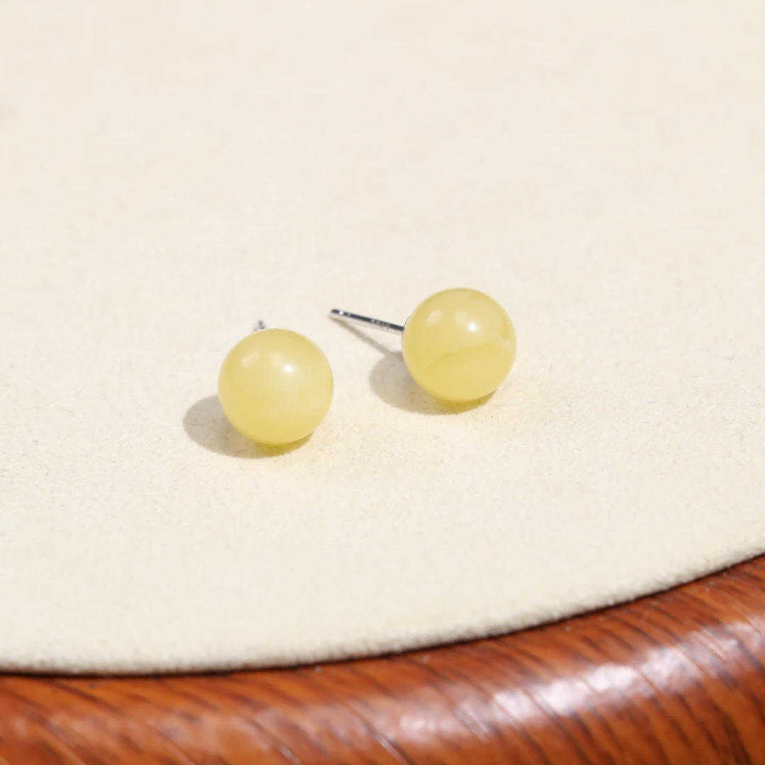 蜜蜡圆珠耳钉925银