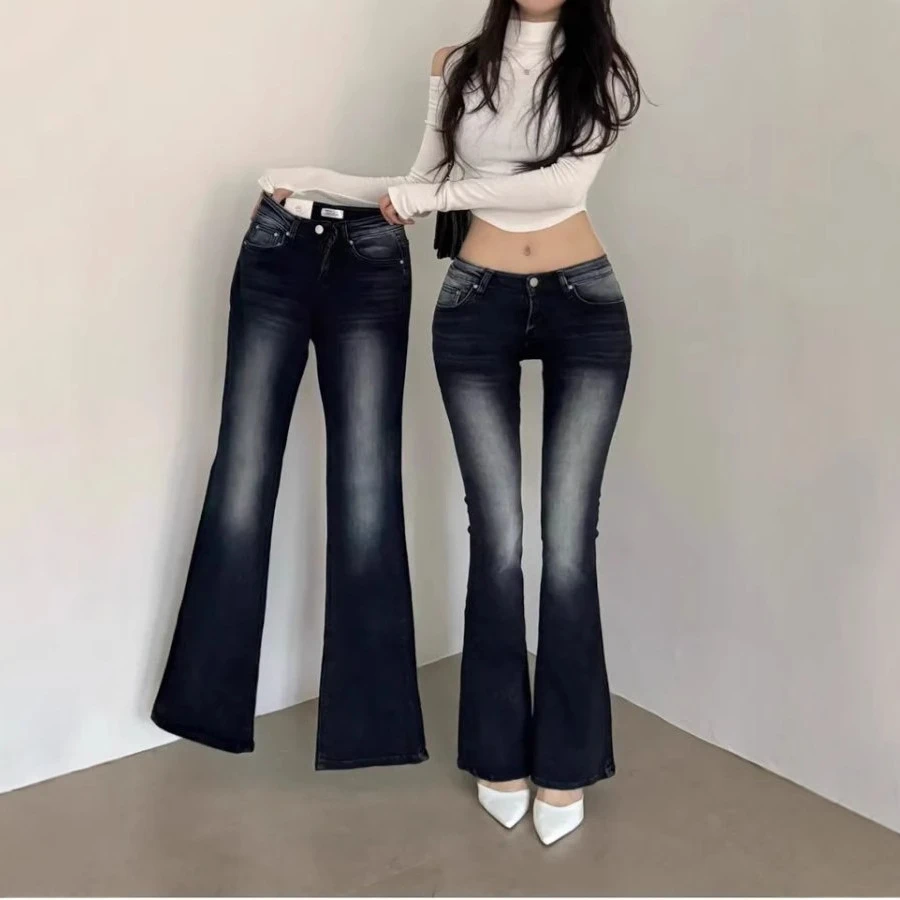 小个子自带丰胯垫~低腰黑灰色微喇裤女喇叭裤复古韩系显瘦掐腰美