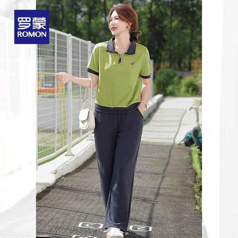 罗蒙妈妈装夏季运动套装洋气2025新款中老年女装短袖T恤休闲套装