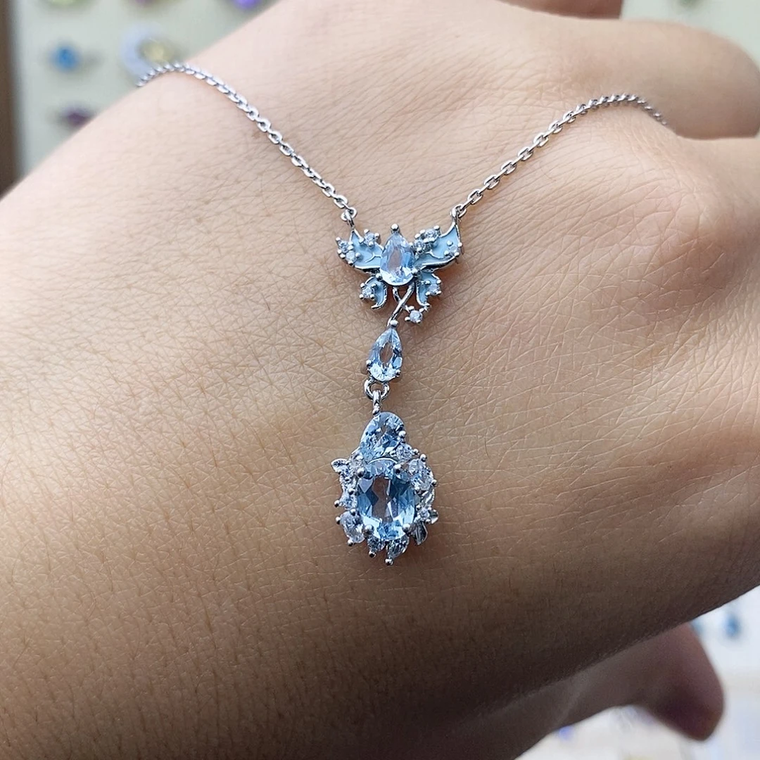 海蓝宝石套链银S925镶嵌一物一证